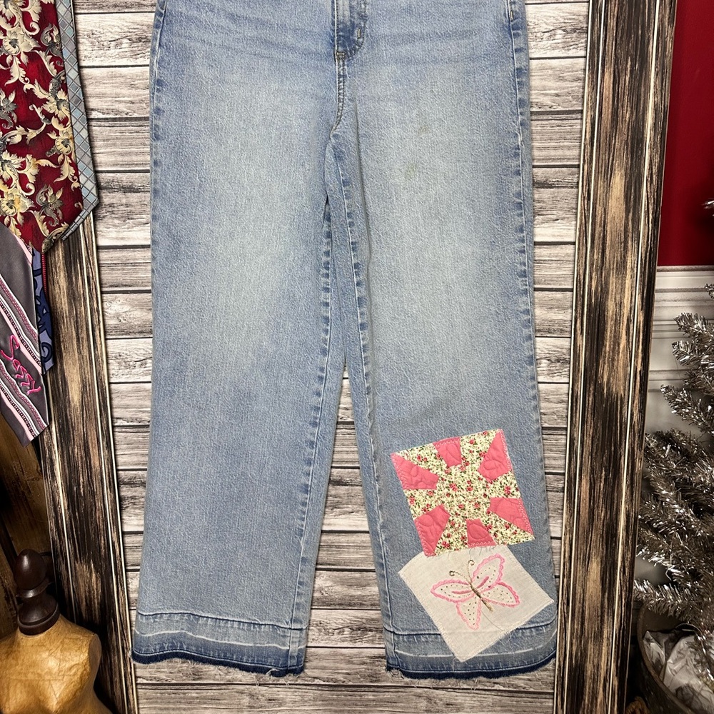 Handmade Reworked UpCycled Wide Leg Denim Jeans Vintage Quilt Flour Sack Gypsy